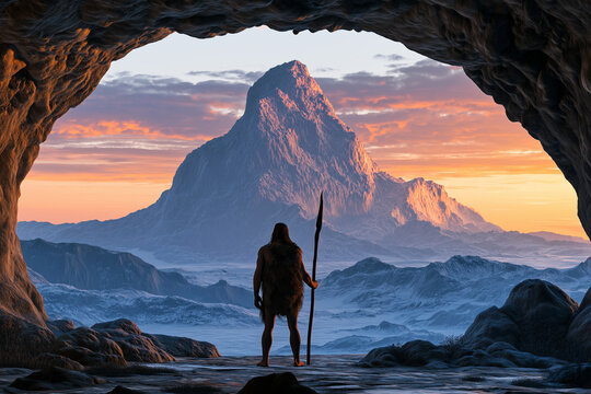 Prehistoric hunter gatherer with spear standing at cave entrance looking at dramatic sunset over mountains 