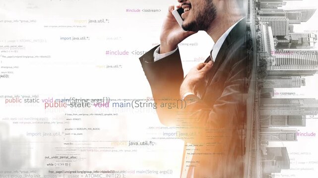 Dynamic businessman engaged in a phone conversation surrounded by coding elements, symbolizing innovation and connection in modern business and technology. Xenic