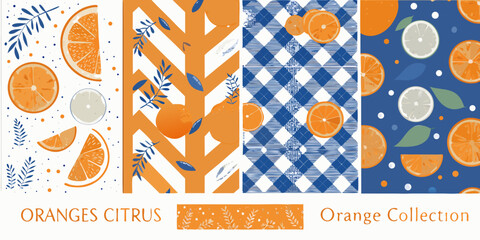 Obraz premium orange citrus fruit designs with blue geometric patterns vector illustration pattern background colorful graphic art modern stylish fresh tropical food print fabric decoration