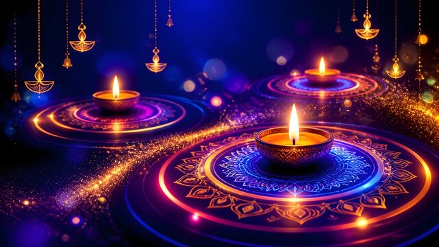 Diwali brass diya lamp with marigold glow and neon rangoli design. Traditional festival oil lamp clipart for Hindu celebrations and spiritual decor.