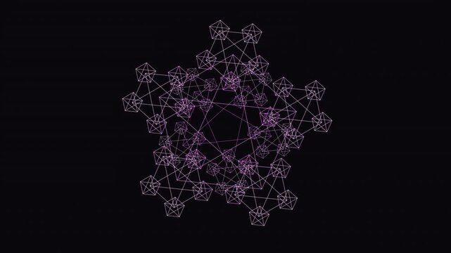 Hypnotic seamless loop of a glowing violet pentagon sacred-geometry pattern breathing in radial symmetry drifting in hypnotic slow motion. Ideal for video overlay, vj loop. 4K UHD.