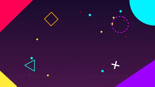 Abstract Memphis style animation with colorful geometric shapes and moving patterns on a dark purple background