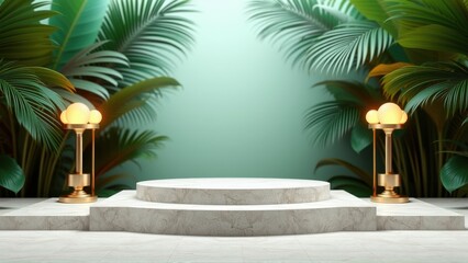 Fototapeta premium Minimalist stage setup. Round marble platform surrounded by lush tropical foliage. Soft lighting creates dramatic presentation space.