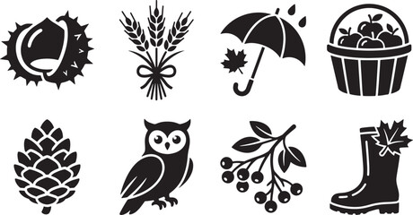 Obraz premium Autumn season black icons set, 8 fall nature elements vector collection, minimalist harvest and weather symbols for seasonal design
