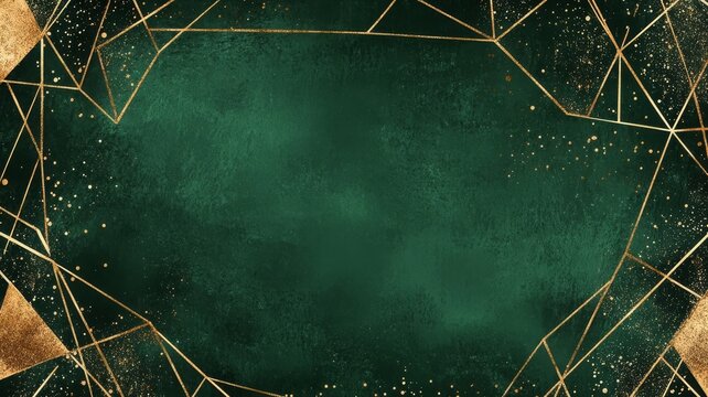 Elegant dark green luxury background with golden geometric lines and glittering dust particles for sophisticated graphic design projects.