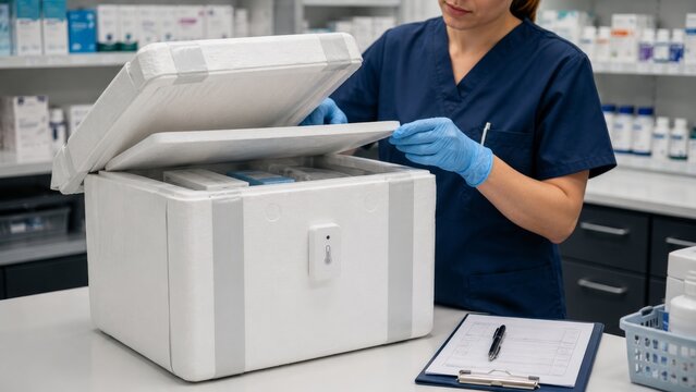 Woman pharmacist opening temperature controlled shipping container with vaccine. Cold chain logistics for medical supplies. Pharmaceutical delivery for safe storage of sensitive health treatments