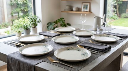 Fototapeta premium Table setting with elegant ceramic plates featuring peacock feather pattern. Festive dining arrangement on modern concrete surface for home dinner gathering. Decor and interior style