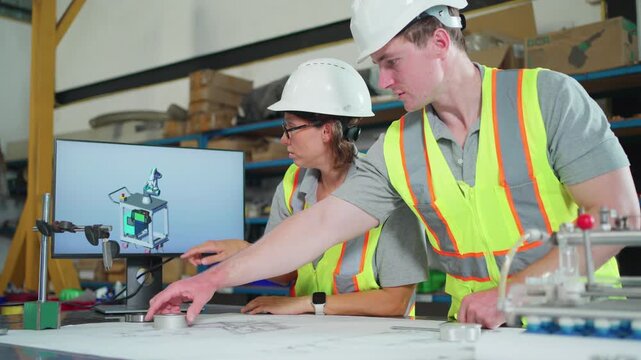 Engineering professionals analyze digital manufacturing models and technical drawings using a tablet and computer. Concept of robotic.

