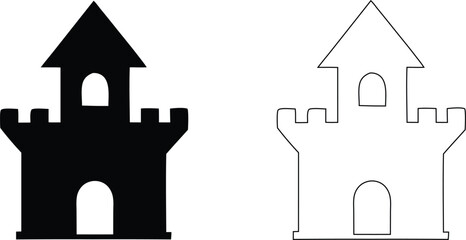 Simple castle silhouette and outline set, featuring a medieval fortress with a central tower and arched doorway on white background © Abul