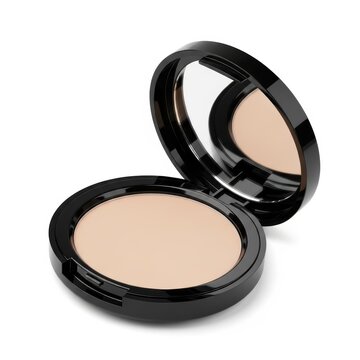 A black compact makeup powder case with an open lid and mirror reflecting the product inside