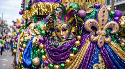Naklejka premium Vibrant mardi gras celebration with festive masks and beads in new orleans parade. concept of cultural tradition, festive spirit, colorful celebration, new orleans tourism.