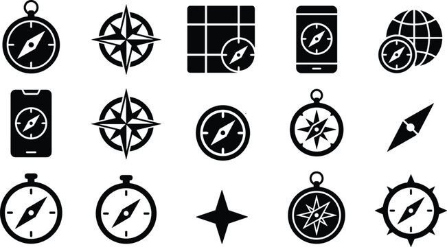 Navigation Compass and Travel Map Glyph Icon Set Featuring Windrose Arrows Globe Earth Smartphone Mobile GPS Positioning and Adventure Directional Vector Design
