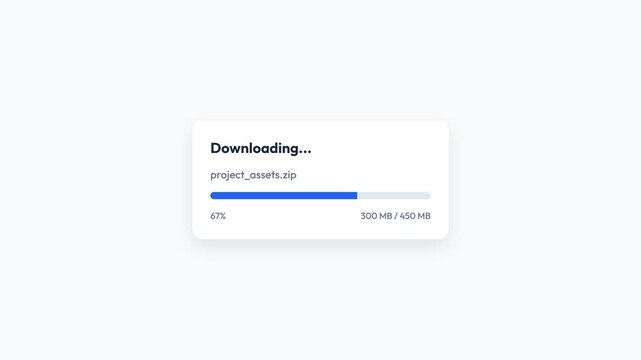 Dynamic file download progress bar animation, showing increasing percentage and data transfer, symbolizing completion, loading, and digital information transfer, representing successful data