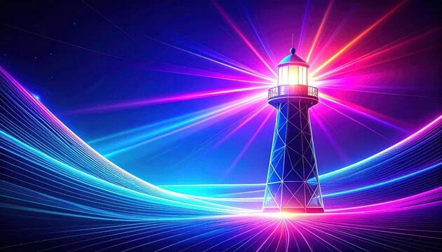 Futuristic Neon Lighthouse Emitting Vibrant Light Beams Against a Dark Cosmic Background