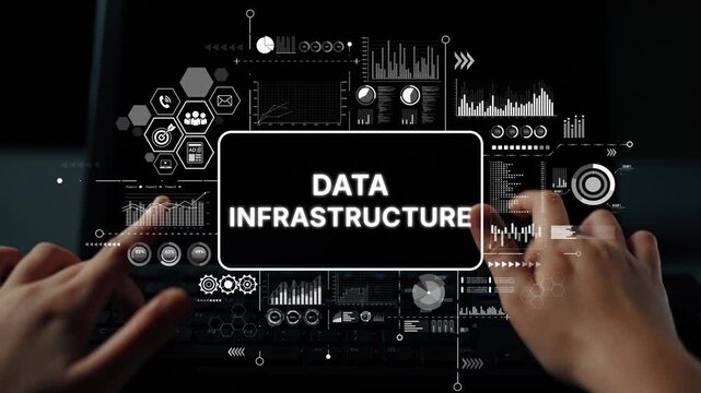 Modern Data Infrastructure Concept with Hands Typing on Keyboard Surrounded by Digital Analytics and Visualizations. Asymptotic smart data analytic.
