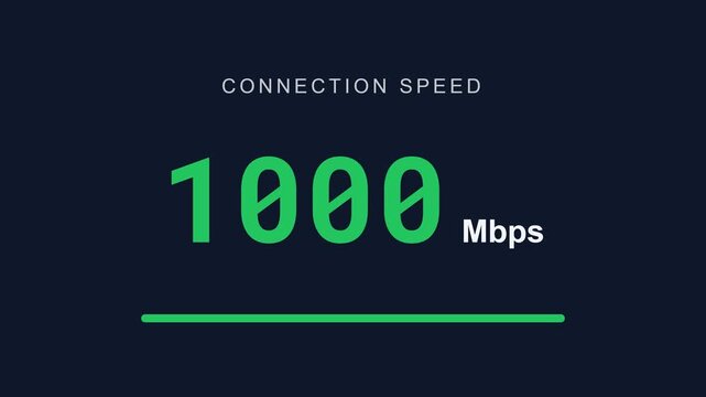 Dynamic internet speed test animation, showing connection speed increasing from zero to 1000 Mbps with a green progress bar, symbolizing fast broadband, digital connectivity