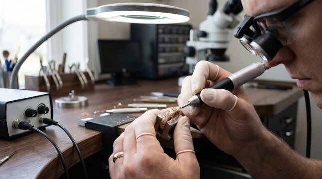 Jeweler man using rotary tool for detailed engraving on gold wedding ring. Professional goldsmith crafting jewelry in workshop. Skillful artisan working with precision metal instrument