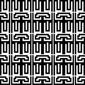 Seamless abstract geometric vector pattern with black and white Greek key elements and linear maze designs for backgrounds and textile prints