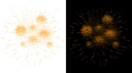 Fototapeta premium Golden fireworks explosion on black and white backgrounds, festive firework burst for holiday celebration, glowing pyrotechnic display for New Year party