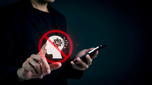 Man using smartphone and touching virtual no artificial intelligence prohibition sign