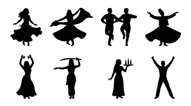Set of black silhouettes of dancers performing various traditional dances, ethnic movement, cultural performance, folk celebration, expressive body