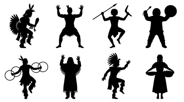 Set of silhouettes of traditional tribal dancers in ceremonial costumes performing cultural rituals, ethnic performance, folk dance, heritage