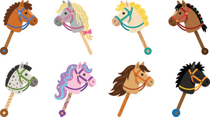 Toy hobby horse vector illustration set showing colorful children’s play horses with decorative manes and bridles in playful design concept © md siam ali 