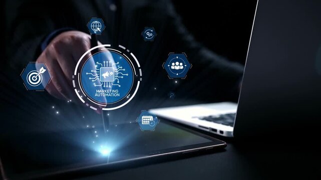 Marketing automation diagram showcase AI-driven campaign workflow, highlight marketing automation, data-driven strategy, marketing automation tools, and market automation process in business. Elide