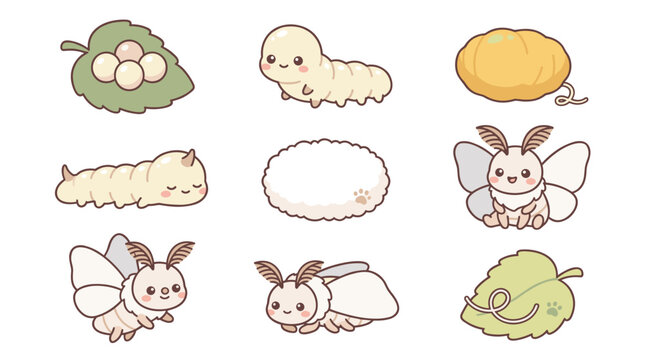Set of moth metamorphosis stages from egg to adult, life cycle illustration, growth biology, entomology, nature transformation, kawaii style elements