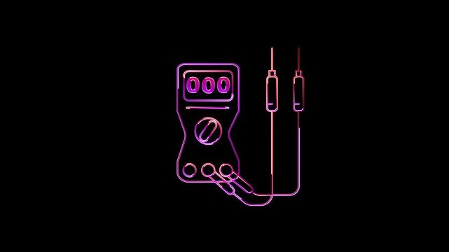Neon outline of a digital multimeter with probes and wires glowing in vibrant pink and purple hues against a stark black background representing electrical.