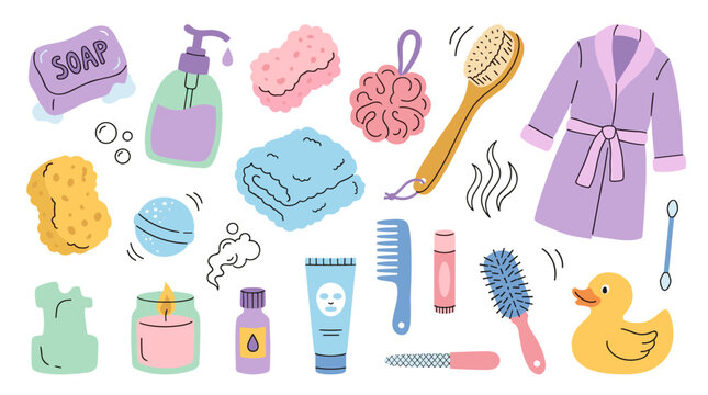 Set of bathroom and spa accessories, including soap, bathrobe, towel, loofah, rubber duck, cosmetic tubes, perfect for wellness and beauty branding