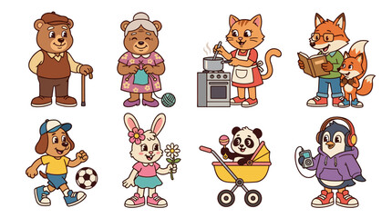 Obraz premium Set of retro animal characters including bear, fox, cat, dog, rabbit, panda, penguin, engaged in daily human activities, vintage style illustrations