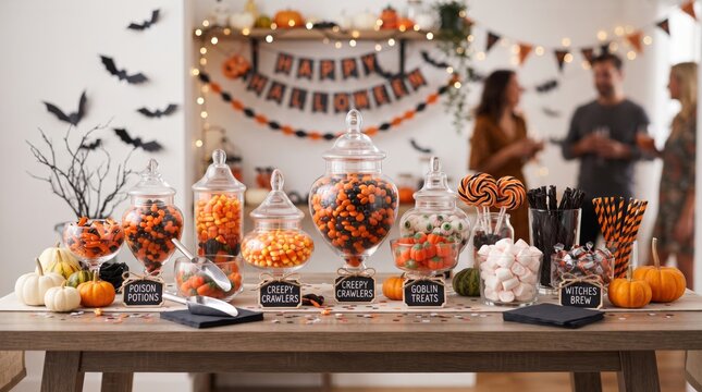 Halloween candy buffet with glass jars filled with sweets and festive decorations on a table. Blurred people socializing at a party in the background. Seasonal celebration concept