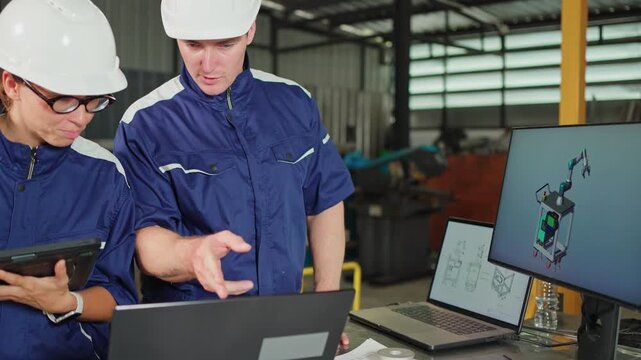 Engineers review technical blueprints and digital manufacturing models in a modern factory. Engineering collaboration, production planning.