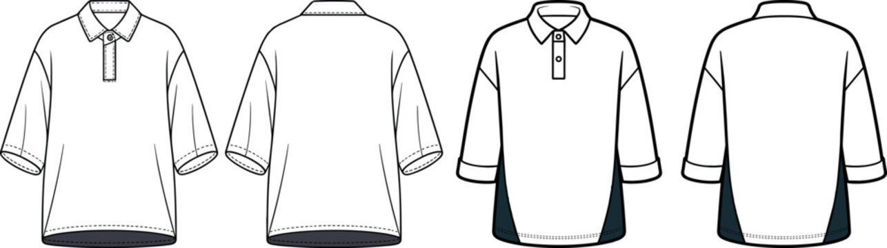 Drop shoulder oversized polo shirt template vector set with contrast side panels for streetwear apparel tech pack drawings
