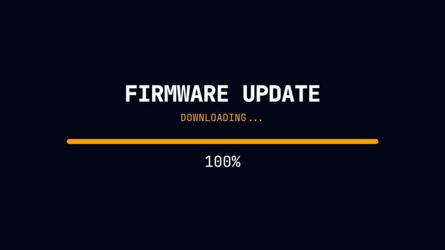 Firmware update screen, black background, yellow progress bar, white text, downloading 100%, symbolizing software updates and tech progress.