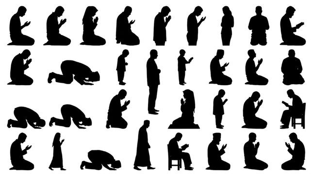 Islamic Prayer Postures Muslim Praying Vector Silhouette CAD Block 2D Drawing