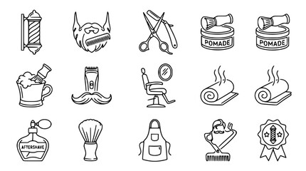Fototapeta premium Barber Shop Icons Set: Hand-Drawn Collection of Grooming Tools and Services