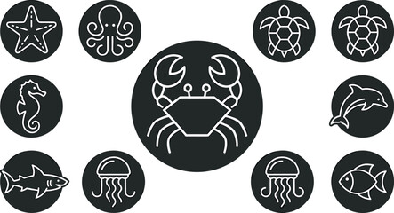 Sea life line icon set featuring crab octopus turtle starfish shark dolphin seahorse and jellyfish vector badges © MstAirin