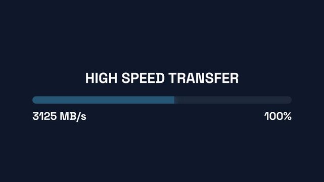High-speed data transfer progress bar, dynamic loading animation with increasing speed rates, seamless loop, symbolizing rapid file transfer and efficient data processing