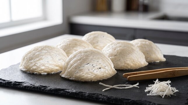 Dried Bird's Nest on Slate Board with Bamboo Tongs
