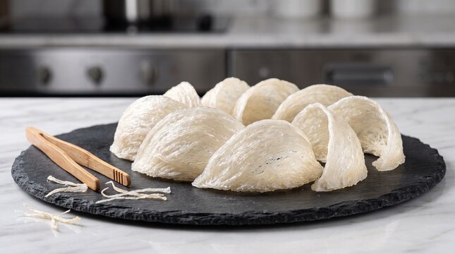 Dried Bird's Nest on Slate Board with Bamboo Tongs
