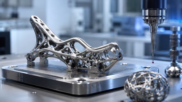 Metal part for industrial engineering manufactured with additive manufacturing. Complex generative design component on coordinate measuring machine for quality control in high tech production