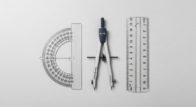 Geometry Tools: Compass, Ruler, and Protractor on Clean Background