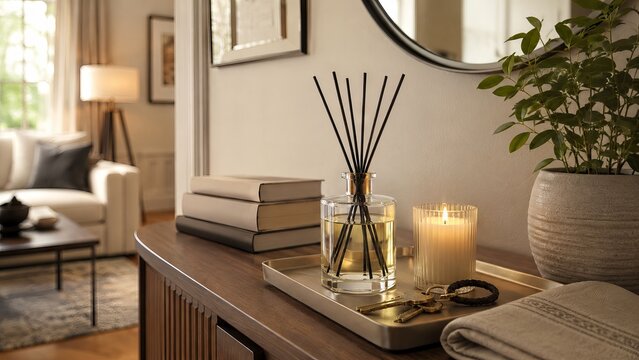 Reed diffuser with glass bottle and fragrance sticks on wooden console table. Aromatherapy for home comfort and interior styling. Cozy living room atmosphere with candle and books