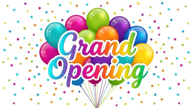 Grand opening text decorated with colorful glossy balloons and floating confetti stars on white background