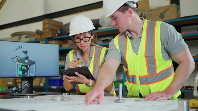 Engineers review technical drawings and production data using a digital tablet in a modern manufacturing facility.