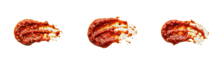 Obraz premium Red salsa or tomato paste smear PNG collection, spicy condiment and harissa sauce streak clip art, savory food spread cutout elements, isolated dipping sauce design asset set