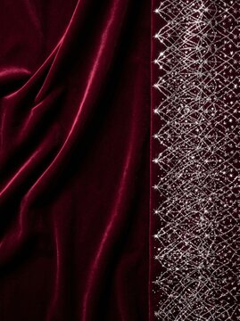 Deep burgundy red velvet fabric texture with delicate woven metallic silver threads