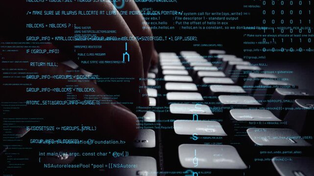 A close-up image captures hands typing on a keyboard, surrounded by floating lines of code and digital data, illustrating modern technological advancements and cyber security themes. Xenic